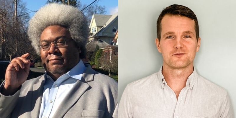 Headshots of Elie Mystal (with brown skin, grey afro, eyeglasses) and Jay Willis (with fair skin, short brown hair)
